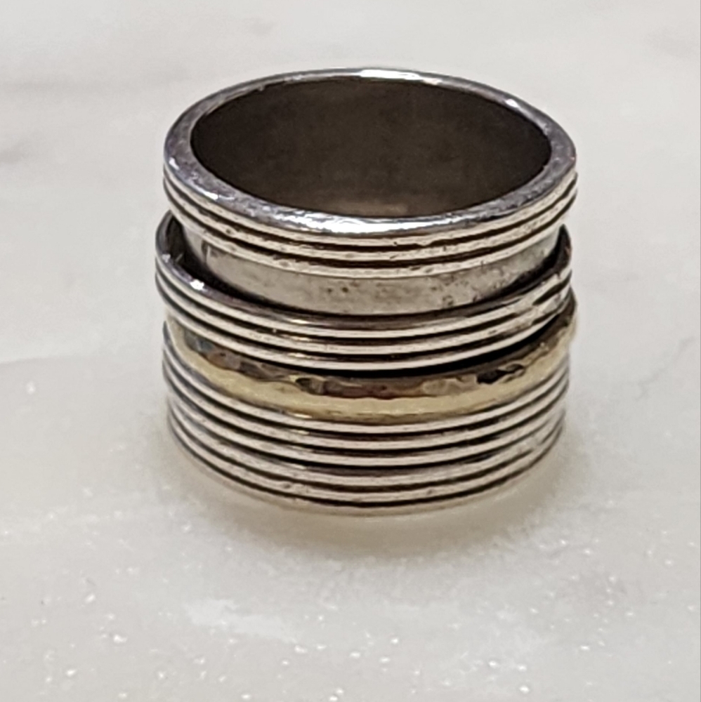 Wide Sterling silver 14K gold spinner ring size 8 - Picture 7 of 10